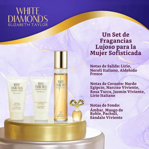 Vista 6 de Elizabeth Taylor White Diamonds EDT Set de regalo de 1.7 fl oz El juego incluye White Diamonds EDT 1.7 oz, EDP splash 0.12 oz, loción corporal