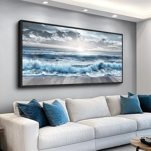 Vista 12 de ERQINHUA Gran decoración de pared para sala de estar, arte de pared en lienzo para restaurante, decoraciones para oficina, pinturas de mar azul