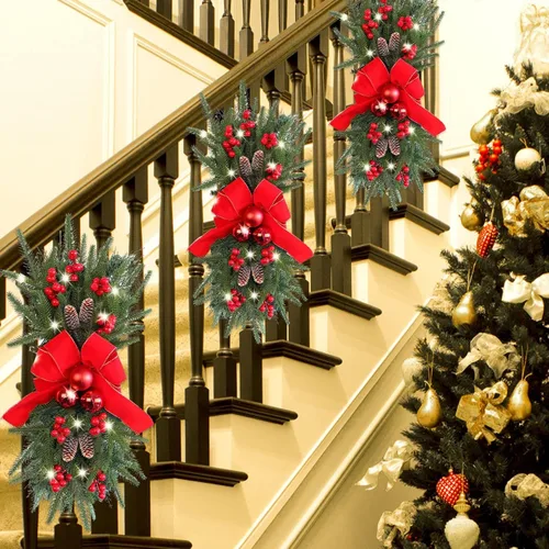 Vista 4 de Guirnalda de escaleras de Navidad preiluminada, guirnalda de Navidad, el borde de escalera preiluminado inalámbrico, coronas de Navidad para puerta