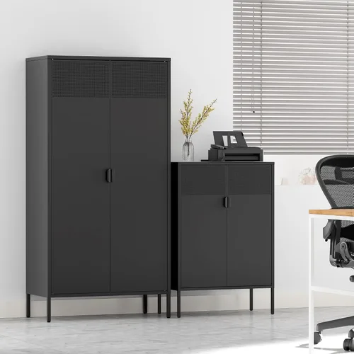 Vista 124 de Gabinete de almacenamiento de metal ancho negro, gabinete de acento de 2 puertas para el hogar y la oficina, gabinete de metal bajo de 2 niveles