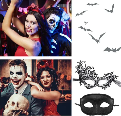 Vista 7 de Udebohe Juego de máscara de encaje para parejas, Halloween, Mardi Gras, cosplay, cóctel, fiesta, disfraz de encaje para parejas, mujeres y hombres