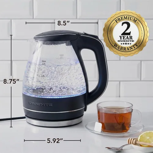 Vista 5 de OVENTE Hervidor eléctrico de 1.5L, calentador de agua de vidrio de borosilicato para encimera y hervidor para café o té, libre de BPA, apagado Negro
