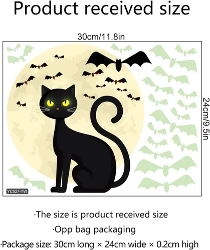 Vista 5 de Calcomanías de pared de Halloween que brillan en la oscuridad, calcomanías de pared de Halloween, calcomanías de pared luminosas de gato