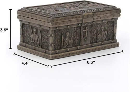 Vista 3 de Caja de baratijas de bronce fundido en frío de 4 7/8 pulgadas con icono reliquia rosario de Jesucristo San Pedro San Pablo