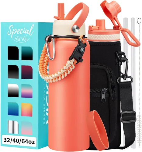 Vista 30 de Botellas de agua de 32 onzas aisladas con pajita y tapa para beber de un sorbo, asa de paracord, bolsa de transporte con correa, termo de triple