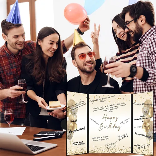 Vista 7 de DARUNAXY Decoraciones de Fiesta de Cumpleaños Negro Dorado, Libro de Visitas Alternativo Jumbo Feliz Cumpleaños para Hombres Mujeres Brindis por 30