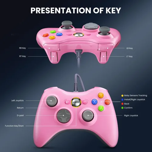 Vista 5 de VOYEE Controlador de PC, controlador con cable compatible con Microsoft Xbox 360 y SlimPC Windows 1087, con joystick mejorado, doble choque