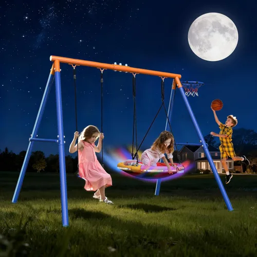 Vista 2 de Juego de columpios 3 en 1 con columpio de disco volador para patio trasero, juegos de 440 libras para patio trasero, juego de columpios para niños