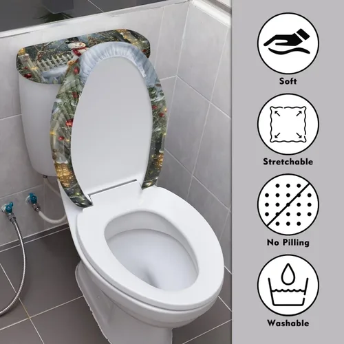 Vista 3 de Juego de decoración de baño de 2 piezas con diseño de muñeco de nieve de Navidad, cubierta de tanque para asiento de inodoro