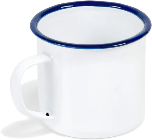 Vista 9 de Red Co. Juego de 6 tazas redondas de café y té de metal esmaltado de 12 onzas con asa, borde blanco sólido y azul marino