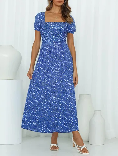 Vista 7 de ZESICA - Vestido de verano largo para mujer, diseño acampanado con cuello cuadrado y volantes, estampado floral y bohemio, para la playa