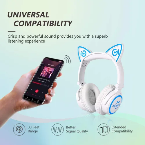 Vista 5 de Auriculares para niños, auriculares con orejas de gato con cable e inalámbricos, luces LED, auriculares Bluetooth inalámbricos plegables