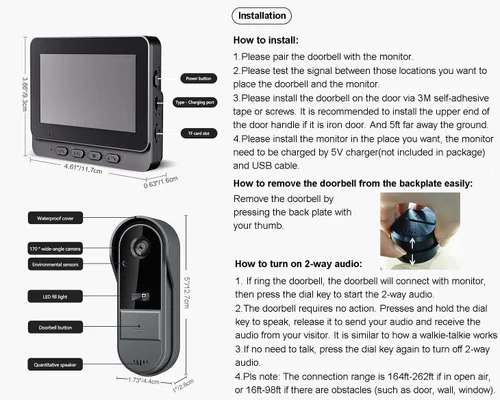 Vista 8 de TKMARS Timbre de puerta inalámbrico con video, con video HD 1080P, audio bidireccional, ángulo de 170°, pantalla de 4.3 pulgadas, IPX65 impermeable