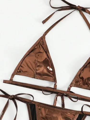 Vista 4 de WDIRARA Traje de baño metálico de 2 piezas para mujer, con micro triángulo, halter con lazo