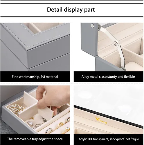 Vista 4 de Voova Joyero organizador de cajas de reloj para hombres y mujeres 2 capas grandes de 12 ranuras de piel sintética estuche de almacenamiento