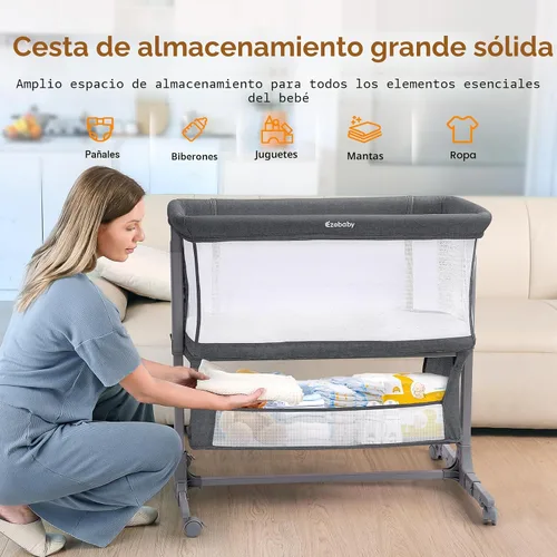 Vista 4 de Ezebaby Cuna junto a la cama para bebé, moisés portátil junto a la cama para recién nacidos con ruedas, cesta de almacenamiento, ajustable a 7 Gris