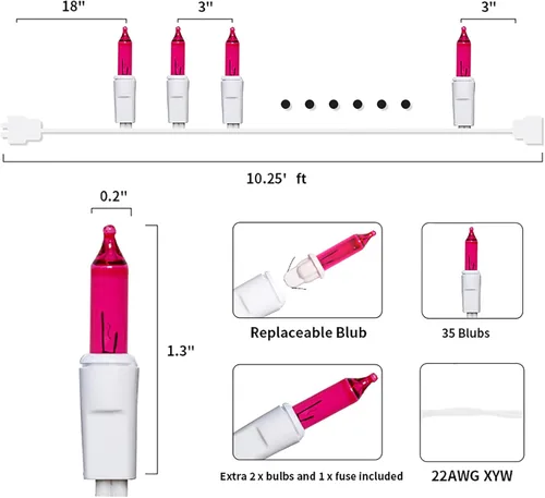 Vista 6 de MULTI-SPARKING Luces de Navidad Rosadas 35 Unidades - Luces Incandescentes Rosadas Mini en Cadena para Decoraciones de Navidad y Día de San Valentín