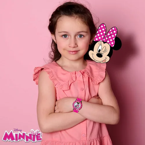Vista 5 de Reloj Minnie Mouse Time Teacher para niñas - Reloj analógico de aprendizaje de la hora con números fáciles de leer y cómoda banda de silicona Rosa