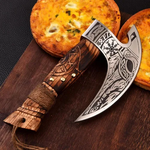 Vista 8 de Hacha de acero al carbono de doble cabeza forjada a mano, hacha de batalla barbuda con mango de madera de fresno y funda de cuero, regalo funcional
