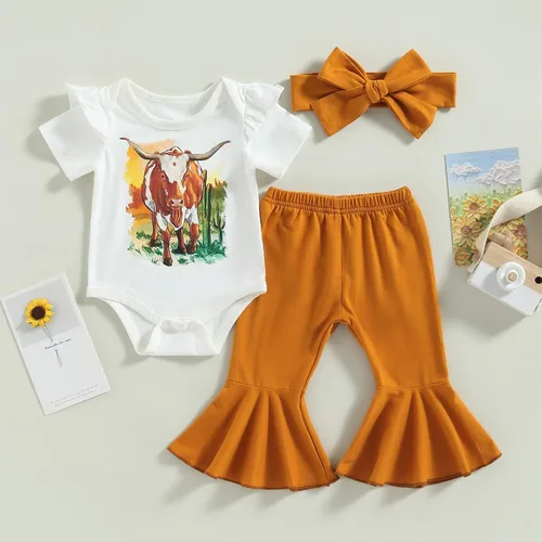 Vista 23 de Conjunto de ropa de bebé occidental para niñas, con estampado de vaca, pantalón y diadema