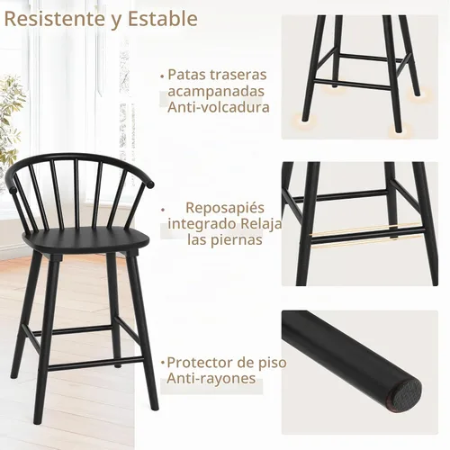 Vista 5 de LUE BONA Juego de 2 Taburetes de Bar, Taburetes de Bar Negros Estilo Granja con Respaldo Semicircular, Taburetes de Bar Modernos de Mediados