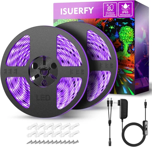 Vista 10 de Kit de tira de luz negra regulable de 40 pies/39.4 ft, 720 LED, accesorios de luz negra flexible de 12 V, 385 nm-400 nm, tiras LED de luz negra