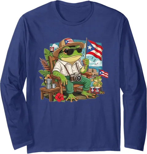 Vista 6 de Puerto Rico Coqui Frog Boricua Flag Pride Graphic Long Sleeve T-Shirt