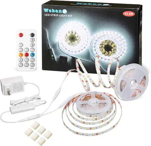 Vista 12 de WOBANE - Tira de luces LED blancas, kit de tira de luz LED regulable, 16.4 pies de luces en cinta flexible para dormitorio, cocina, debajo