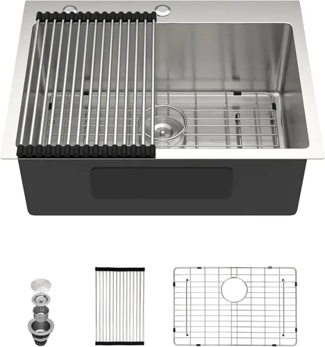 Vista 14 de Dcolora Fregadero de cocina empotrado de 25 pulgadas con grifo, fregadero pequeño de acero inoxidable de sobreponer, fregaderos de preparación