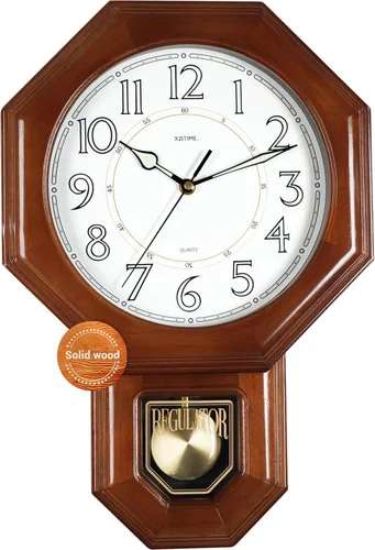 Vista 8 de JUSTIME Reloj de péndulo de madera maciza con carillones de estilo tradicional de escuela, con melodía de Westminster cada hora, fabricado en Taiwán