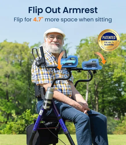 Vista 4 de VOCIC Caminantes para personas mayores, andador vertical con reposabrazos ajustables, Z22 GelCool Stand Up Walker con asiento y respaldo Ergo