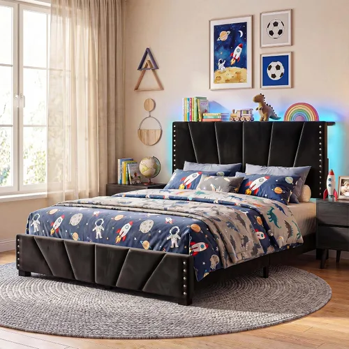 Vista 16 de EnHomee Base de cama individual con luces LED y USB, sin ruido, color beige