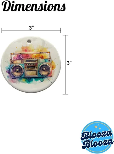Vista 5 de Retro Boom Box Radio Cassette Player Acuarela Redondo Cerámica Navidad Árbol Ornamento