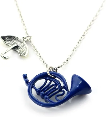 Vista 2 de Collar de cadena colgante de paraguas amarillo con cuerno francés azul - Metal, Azul