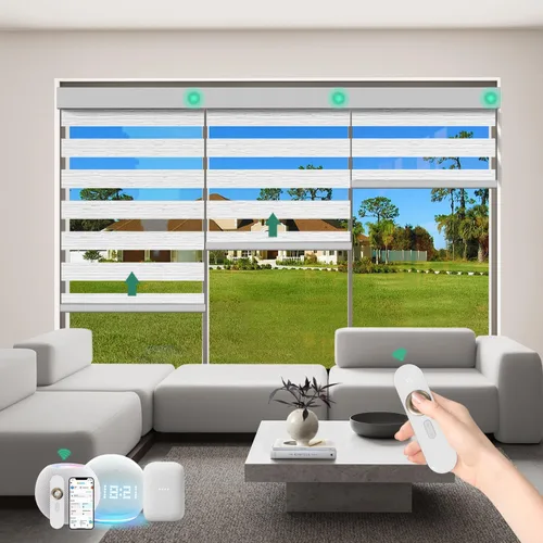 Vista 10 de Persianas motorizadas de cebra con control remoto [doble capa + filtro de luz] Persianas inteligentes 60% opacas para ventanas interiores
