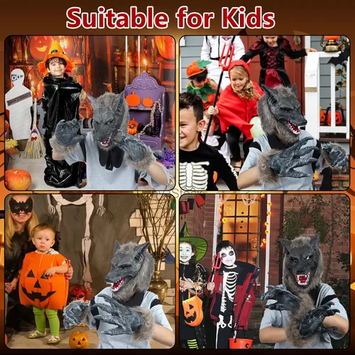 Vista 6 de Manos de hombre lobo de Halloween, garras de hombre lobo G-loves, látex lobo G-ama manos peludas aterradoras para fiesta de hombre lobo, accesorios