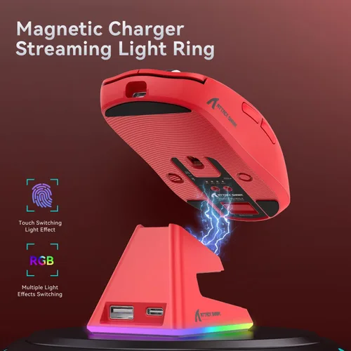 Vista 6 de ATTACK SHARK X6 Ratón Inalámbrico Ligero para Juegos con Base de Carga de Retroiluminación RGB, Tri-Modo Cableado/2.4GHz/BT5.2, 26K DPI, Sensor