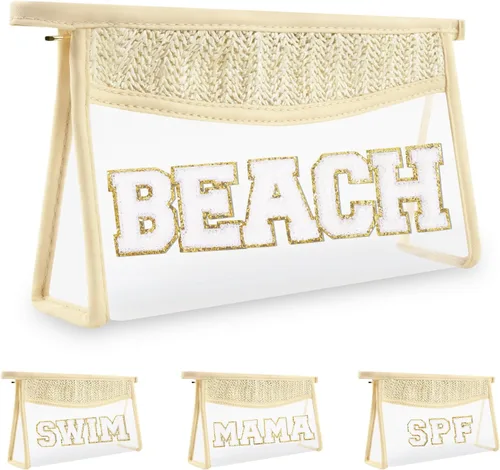 Vista 11 de Iqimott 2 bolsas de maquillaje con parches transparentes, bolsa de letras boho para nadar en la playa, bolsas de maquillaje impermeables