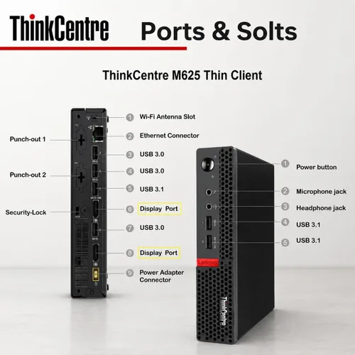 Vista 6 de Lenovo ThinkCentre Mini Desktop PC with AMD Processor & Graphics, 8GB DDR4 RAM, 1TB SSD, Windows 11, Wi-Fi, Bluetooth, 2X DisplayPort, RJ-45 Port