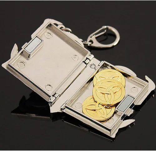 Vista 3 de TLSDDTY Keychain for Genshin Impact Anime Weapon Magic Book Keychain with 3pcs Mora Gold Coins Cosplay Props