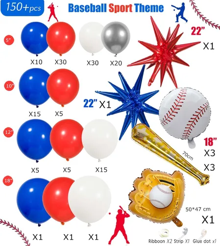 Vista 5 de Kit de arco de guirnalda de globos de béisbol de 150 piezas, globos de papel de aluminio rojos, azules, blancos, plateados y con estrella de bate