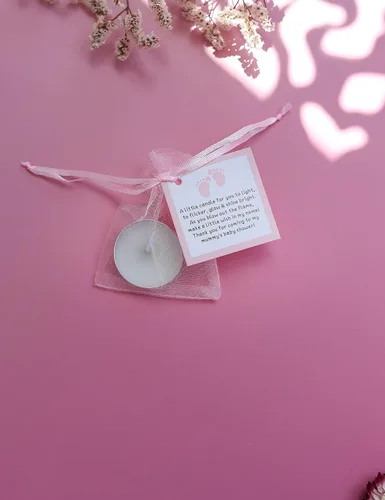 Vista 5 de Juego de 50 velas de té para recuerdos de fiesta de baby shower, recuerdos de bautizo para invitados, recuerdos de revelación de género de niña, Rosa