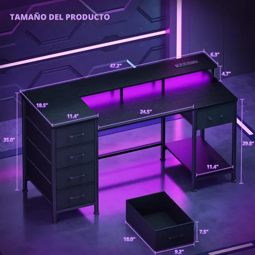 Vista 2 de Korfile - Escritorio para computadora de 47 pulgadas con 5 cajones de almacenamiento de tela, escritorio para juegos con tomas de corriente y luces