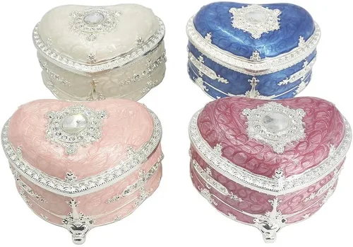 Vista 6 de ROSIKING Caja de música de aleación de metal en relieve en forma de corazón azul, caja musical antigua para joyería con cuerda, regalos