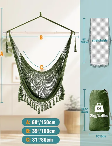Vista 4 de Chihee - Silla de Hamaca Extra Grande, Sillas Colgantes Suavemente Tejidas con Cuerda de Algodón, Barra de Metal Plegable y Resistente, Asiento