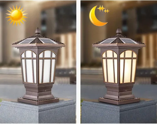 Vista 5 de Luces de poste para exteriores, luz solar de metal simple IP55 al aire libre, impermeable, luz de poste de pared, estilo chino, control de luz