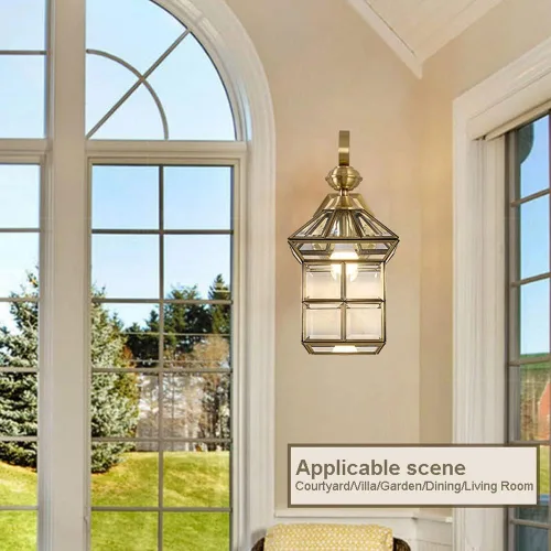 Vista 2 de Lámpara de pared impermeable para exteriores, aplique de latón, lámpara de pared de cobre exterior con pantalla de vidrio transparente, luces