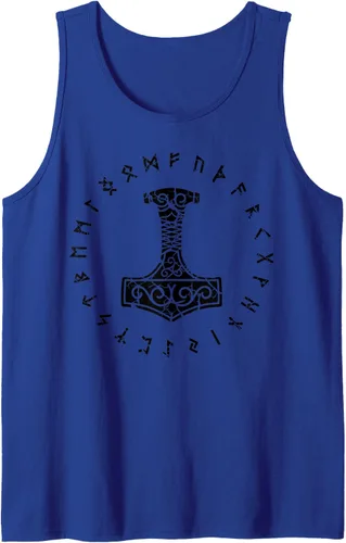 Vista 9 de Camiseta sin mangas vikingo nórdico Thors Hammer Mjolnir Elder Futhark Runes, Azul Blanco