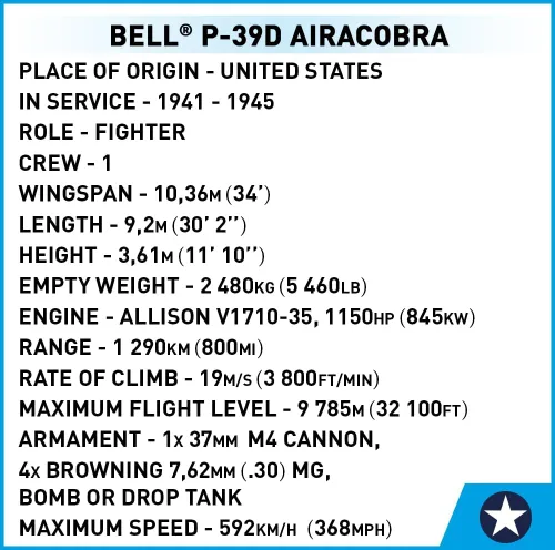 Vista 9 de COBI Colección histórica WWII Bell® P-39D AIRACOBRA® Aircraft