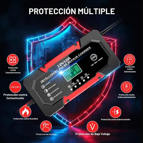 Vista 7 de Cargador de Batería 10A 12V Cargador de Batería de Coche Completamente Automático Inteligente con Pantalla LCD y Compensación de Temperatura